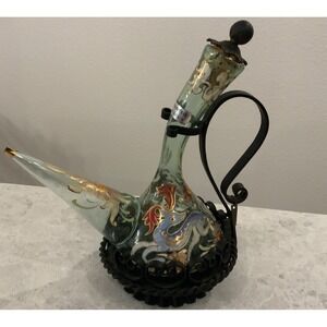 Vintage Signed Jose Cire Royo Spanish Art Glass Porron Decanter Wrought Iron Set